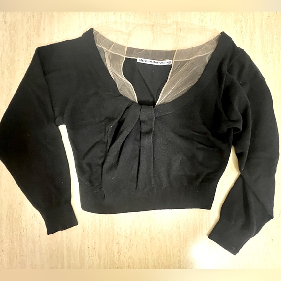 Alexander Wang Cropped Gathered Tulle-Panel Wool-Blend Sweater – Black – Small - Picture 4 of 6